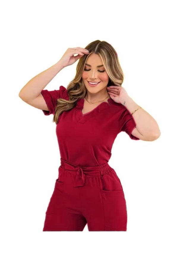 Loquat Womens Medical Scrubs Set Medical Uniform Set Wine Red - Image 1