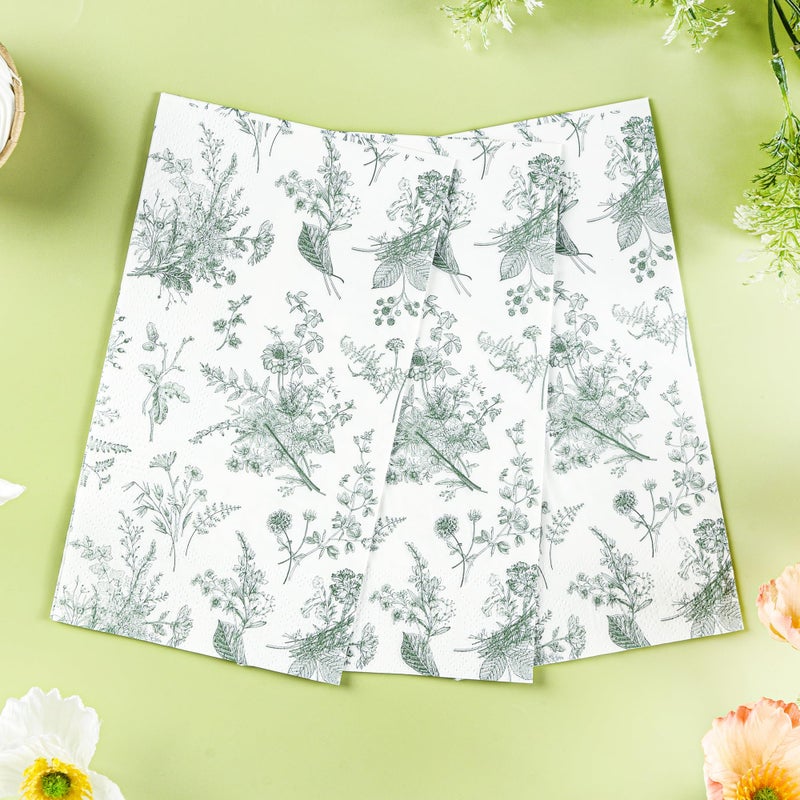 Elyxio 100 Floral Guest Napkins Sage Green White Toile Disposable Paper Napkins Flower Bathroom Hand Towels for Tea Party Christmas Bridal Baby Shower Party Supplies - Image 3