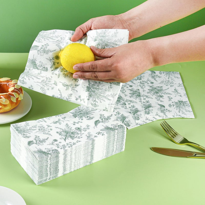 Elyxio 100 Floral Guest Napkins Sage Green White Toile Disposable Paper Napkins Flower Bathroom Hand Towels for Tea Party Christmas Bridal Baby Shower Party Supplies - Image 4