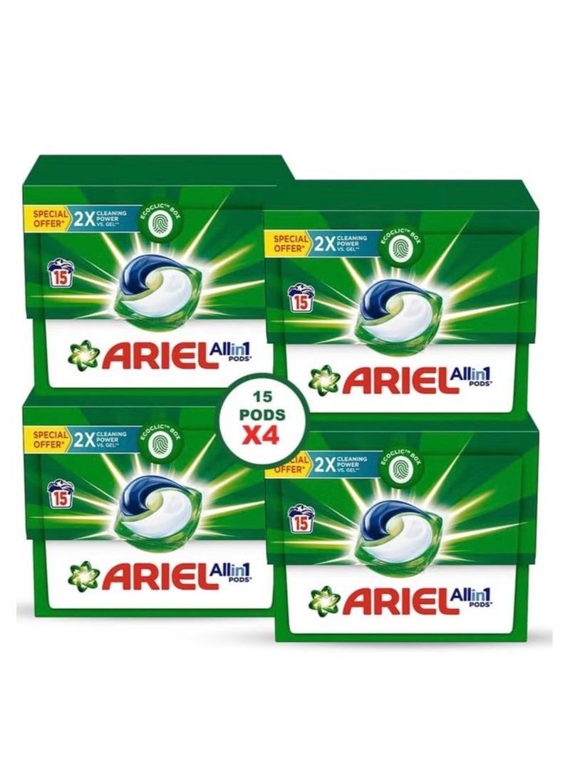 Ariel Original All-in-1 Pods, 15 Count Laundry Detergent Pods. Cleans, Lifts Stains and Brightens (Pack of 4), 60 pods - Image 1