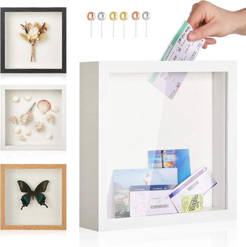White 12x12 Shadow Box Display Case Travel Decor Gift - Adventure Challenge Archive Memory Box With Slot For Keepsake, Ticket, Photo - Image 1