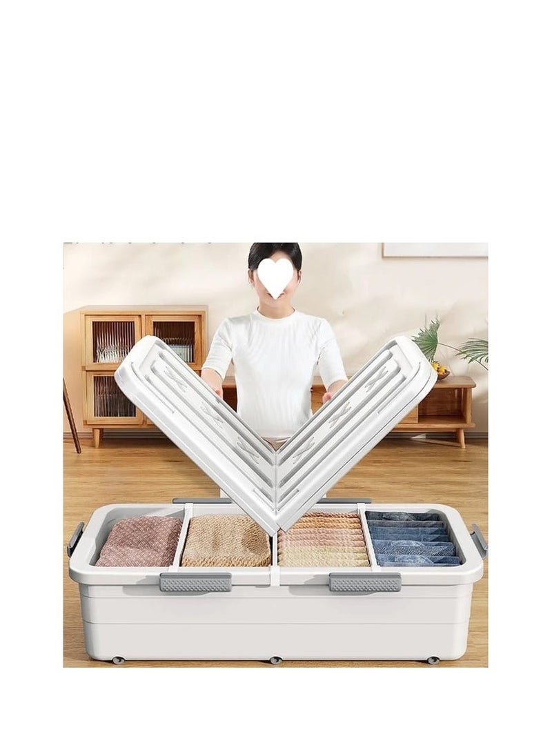 بيج - صندوق تخزين كبير دوار أسفل السرير مزود بعجلات، وحاويات بلاستيكية منزلقة أسفل السرير مع غطاء، ومنظم للملابس - Image 1
