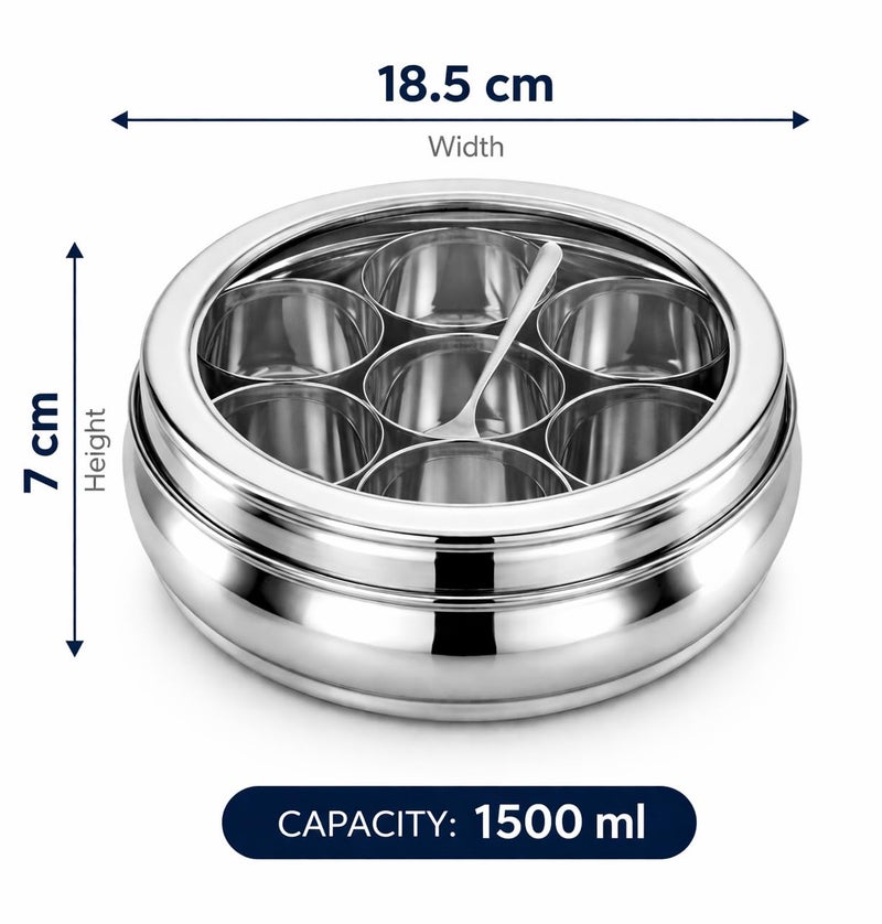 VISAXMI Stainless Steel Masala Box for kitchen | Spice Box for kitchen | Masala Dabba for Kitchen Storage | Mirror Finish | Masala Dani Steel | Leak Proof (7 Bowl, 1 Spoon, 1500ml) - Image 2
