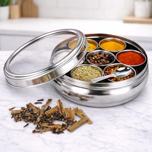 VISAXMI Stainless Steel Masala Box for kitchen | Spice Box for kitchen | Masala Dabba for Kitchen Storage | Mirror Finish | Masala Dani Steel | Leak Proof (7 Bowl, 1 Spoon, 1500ml) - Image 3