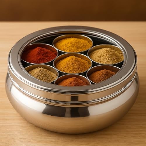VISAXMI Stainless Steel Masala Box for kitchen | Spice Box for kitchen | Masala Dabba for Kitchen Storage | Mirror Finish | Masala Dani Steel | Leak Proof (7 Bowl, 1 Spoon, 1500ml) - Image 1
