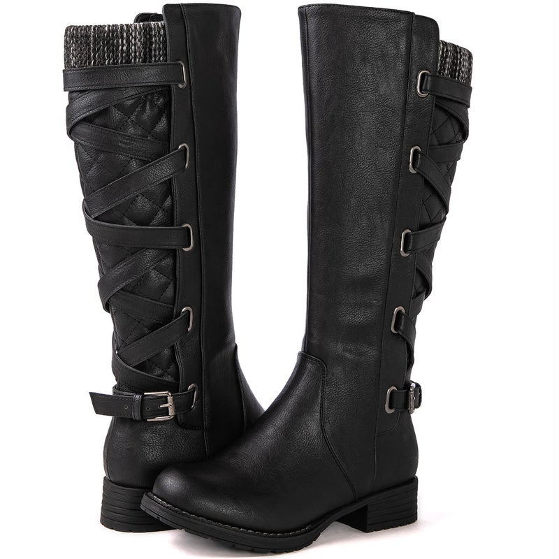 GLOBALWIN Women's Black Quilted Knit Knee High Fashion Boots Strappy Boots For Women 11M - Image 1