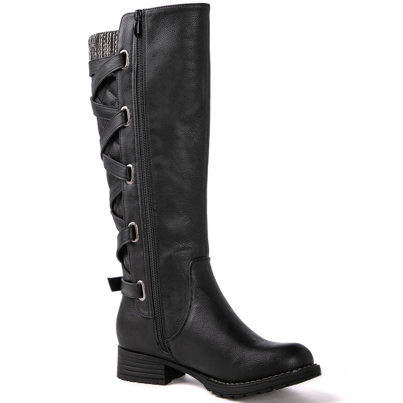 GLOBALWIN Women's Black Quilted Knit Knee High Fashion Boots Strappy Boots For Women 11M - Image 3