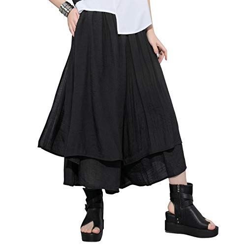 ellazhu Women's Loose Fit Wide Leg Pants with Side Pockets for Casual Lounge Wear Culottes Style GY2416 Black - Image 1