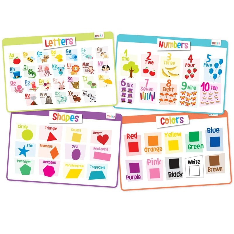 Merka Silicone Placemats for Toddlers - Reusable and Washable with Secure Grip Backing - 17 x 11 Inch Multicolor Kids Placemats with Colors, Numbers & Letters (4 Pack) - Image 1