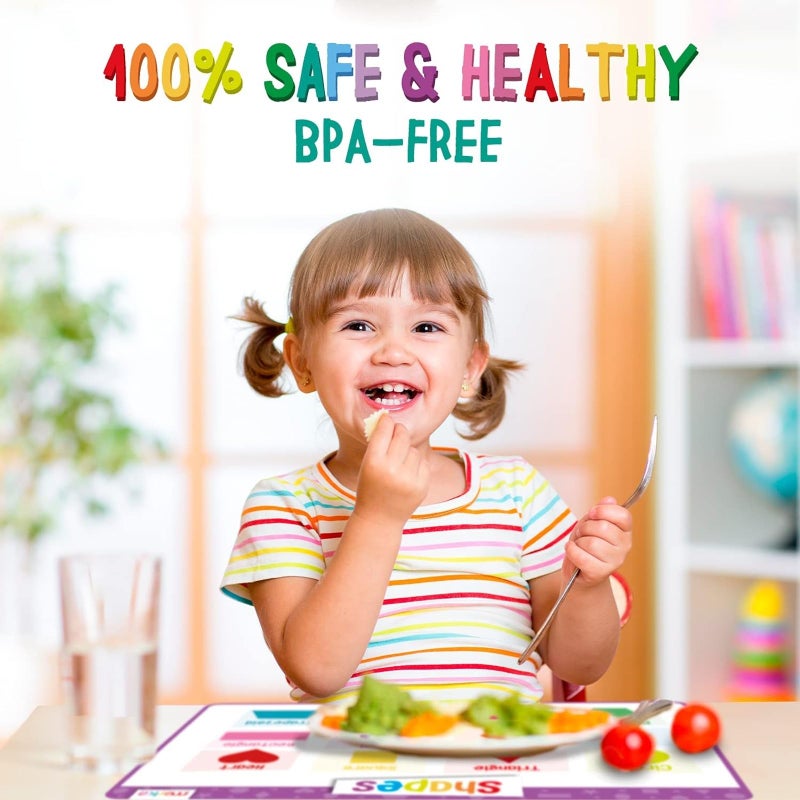 Merka Silicone Placemats for Toddlers - Reusable and Washable with Secure Grip Backing - 17 x 11 Inch Multicolor Kids Placemats with Colors, Numbers & Letters (4 Pack) - Image 5