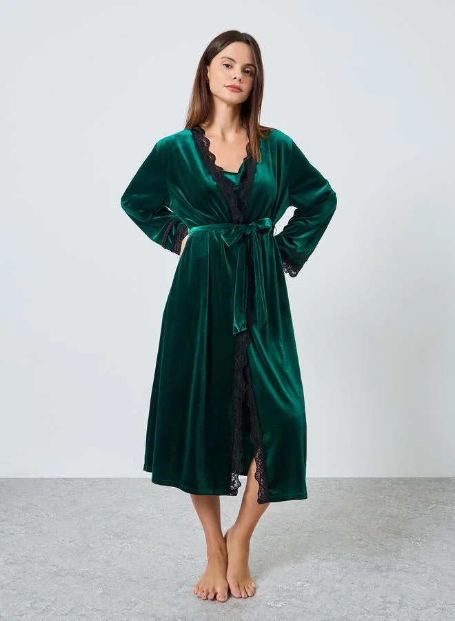 Styli Pack of 2 - Velvet Contrast Strap Slip Dress and Lace Trim Robe