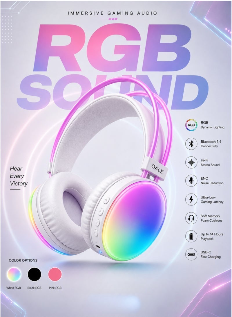 OALE RGB Wireless Gaming Headphones, Bluetooth 5.4 Over-Ear Headset, Hi-Fi Stereo Sound, ENC Noise Reduction, 40mm Dynamic Drivers, RGB LED Lights, USB-C Fast Charging, 14H Playback, Foldable - White - Image 1