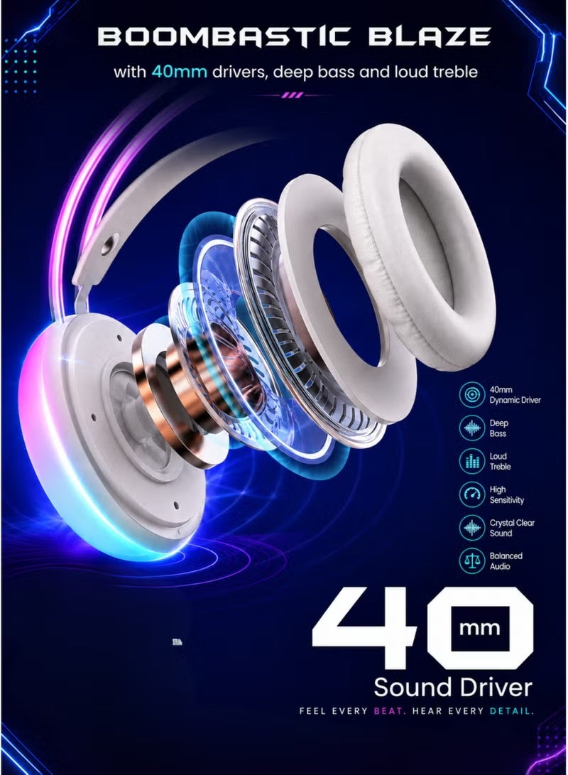 OALE RGB Wireless Gaming Headphones, Bluetooth 5.4 Over-Ear Headset, Hi-Fi Stereo Sound, ENC Noise Reduction, 40mm Dynamic Drivers, RGB LED Lights, USB-C Fast Charging, 14H Playback, Foldable - White - Image 3