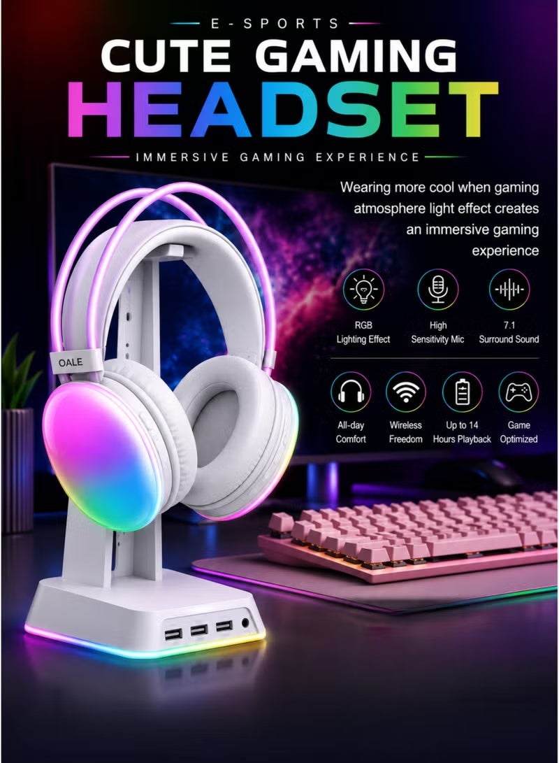 OALE RGB Wireless Gaming Headphones, Bluetooth 5.4 Over-Ear Headset, Hi-Fi Stereo Sound, ENC Noise Reduction, 40mm Dynamic Drivers, RGB LED Lights, USB-C Fast Charging, 14H Playback, Foldable - White - Image 2