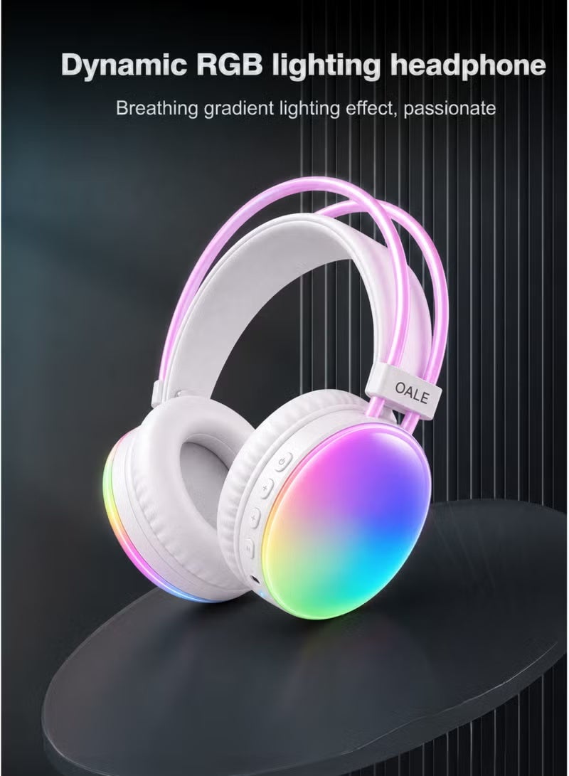 OALE RGB Wireless Gaming Headphones, Bluetooth 5.4 Over-Ear Headset, Hi-Fi Stereo Sound, ENC Noise Reduction, 40mm Dynamic Drivers, RGB LED Lights, USB-C Fast Charging, 14H Playback, Foldable - White - Image 5