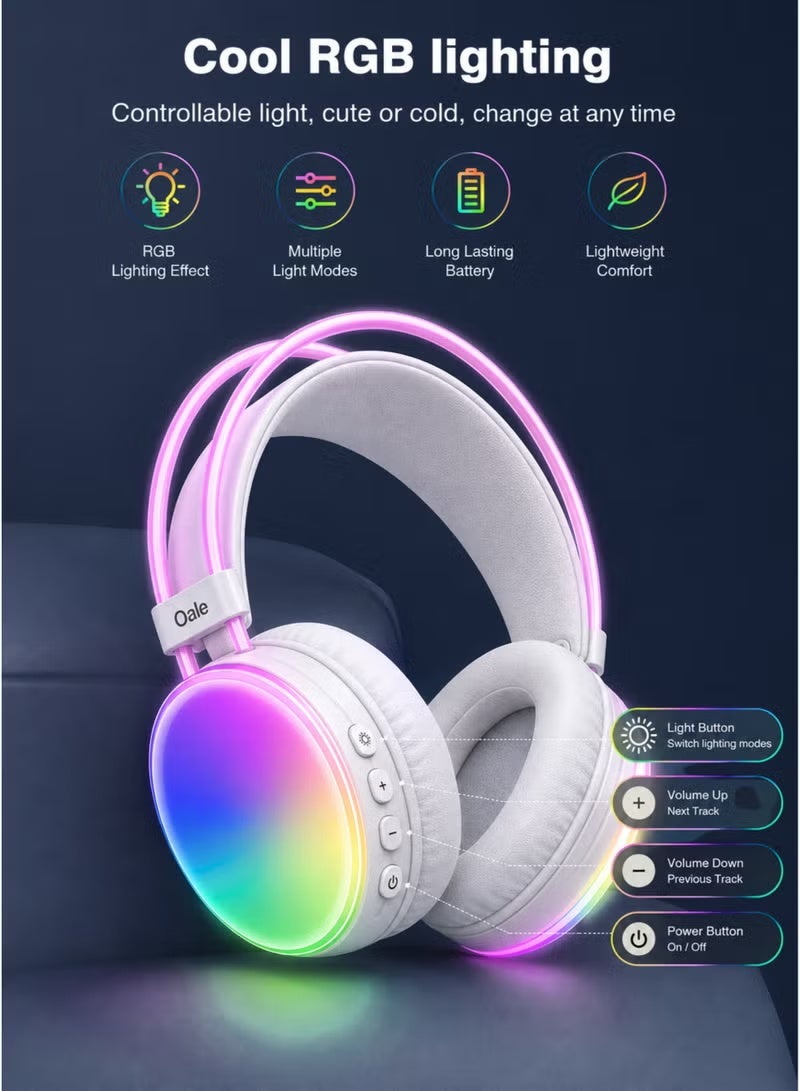 OALE RGB Wireless Gaming Headphones, Bluetooth 5.4 Over-Ear Headset, Hi-Fi Stereo Sound, ENC Noise Reduction, 40mm Dynamic Drivers, RGB LED Lights, USB-C Fast Charging, 14H Playback, Foldable - White - Image 4