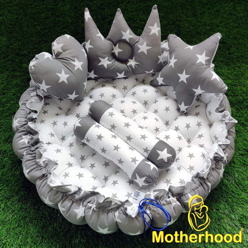 MOTHERHOOD MOTHERHOOD Round Baby Tub Bed and 5 pc Baby Pillow Luxury Baby Mattress Bed Sleeper bedding set cosleeper Safe Cotton Fabric with RFilled Ultrasoft Comfortable for Newborn to Toddlers Gray - Image 2