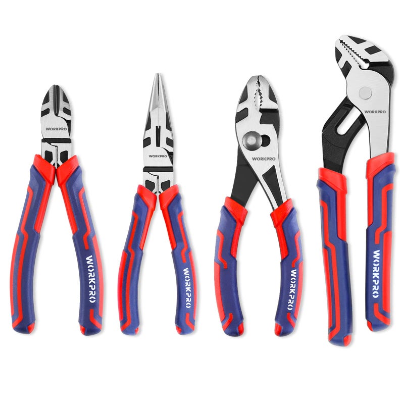 WORKPRO 4-Piece Pliers Set - Premium CR-V Construction Tool Set Including Long Nose, Diagonal Cutting, Groove Joint and Slip Joint Pliers - Red - Image 1