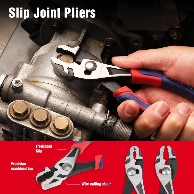 WORKPRO 4-Piece Pliers Set - Premium CR-V Construction Tool Set Including Long Nose, Diagonal Cutting, Groove Joint and Slip Joint Pliers - Red - Image 4