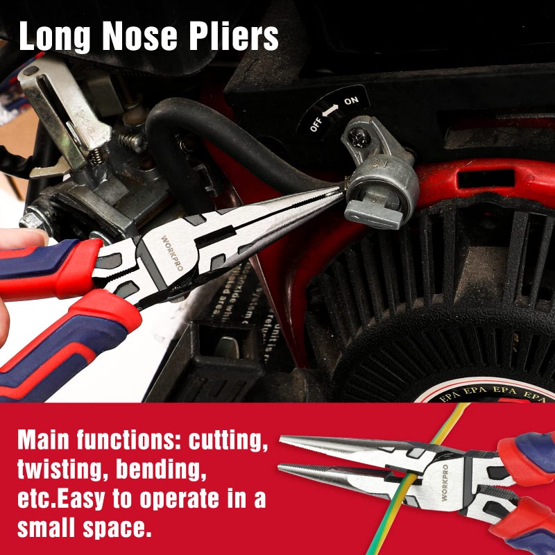 WORKPRO 4-Piece Pliers Set - Premium CR-V Construction Tool Set Including Long Nose, Diagonal Cutting, Groove Joint and Slip Joint Pliers - Red - Image 3