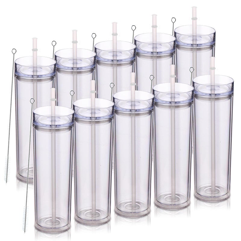 Volhoply 20oz Plastic Skinny Tumblers Bulk 10 PackDouble Wall Tumbler with Lid and StrawBPA Free Matte Acrylic Iced Coffee Cups With StrawReusable Travel Cute Mug for PartyDIY GiftClear10 Set