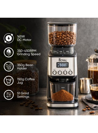 Coffee Grinder 165W Stainless Steel Body – Turkish Fine, Espresso, V60, 350g Coffee Bean Holder Capacity, With Porta-Filter Holders, 51 Grinding Settings 165 W RA-CGS3235 - view 2