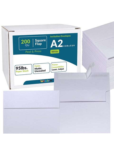 200 Pcs Bulk A2 Invitation Envelopes In White Peel & Press Self Seal 4 3/8 X 5 3/4 Square Flap Envelopes Rsvp Return Envelopes 95Lb. For Announcement Mailing 4X5 Greeting Cards Photo 1/4 Fold Cards