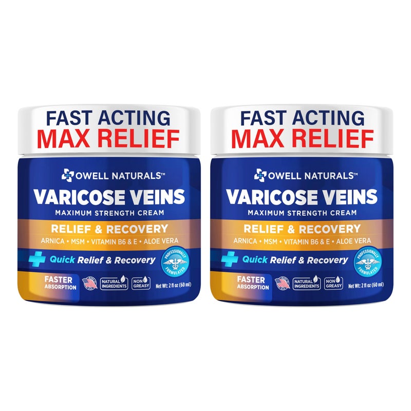 OWELL NATURALS Varicose & Spider Vein Leg Cream 2oz - Maximum Strength All Natural Formula, Fast Acting Discomfort Reliever for Joint, Muscle, Knee (Pack of 2) - Image 1