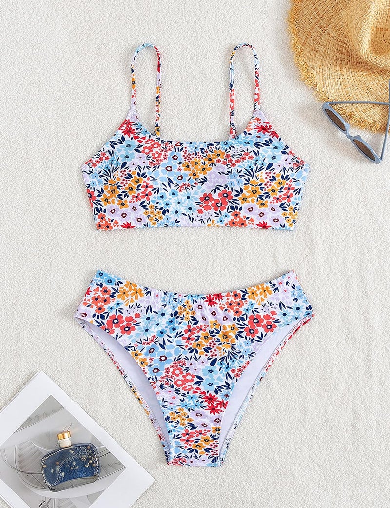YIMISAN Women's Two Piece Swimsuit Floral Print Bikini Set Spaghetti Straps Scoop Neck Mid Waist Cheeky Bathing Suit - Image 3