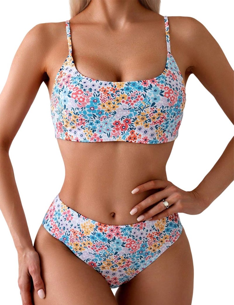 YIMISAN Women's Two Piece Swimsuit Floral Print Bikini Set Spaghetti Straps Scoop Neck Mid Waist Cheeky Bathing Suit - Image 1