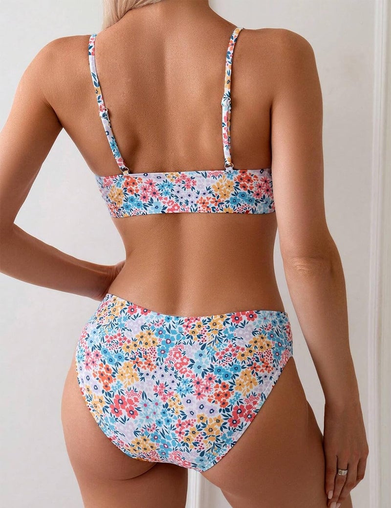 YIMISAN Women's Two Piece Swimsuit Floral Print Bikini Set Spaghetti Straps Scoop Neck Mid Waist Cheeky Bathing Suit - Image 4