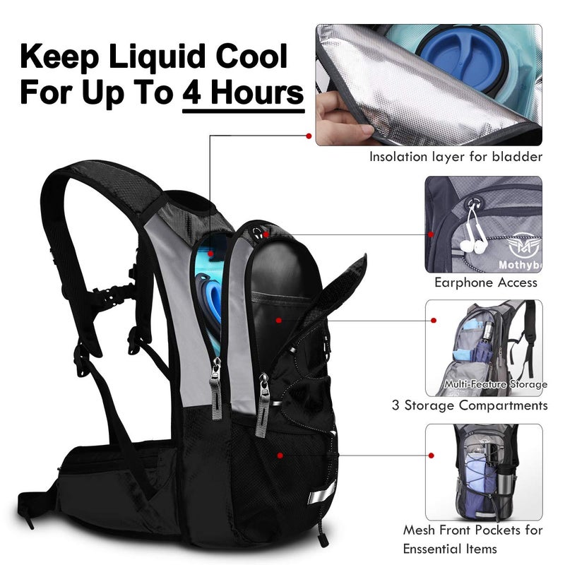 Mothybot Hydration Pack, Insulated Hydration Backpack with 2L BPA Free Water Bladder and Storage, Hiking Backpack for Men, Women, Kids for Running, Cycling, Camping - Keep Liquid Cool up to 5 Hours - Image 3