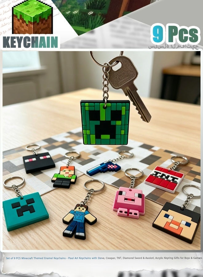 MINECRAFT Set of 9 PCS Minecraft Themed Enamel Keychains - Pixel Art Keychains with Steve, Creeper, TNT, Diamond Sword & Axolotl, Acrylic Keyring Gifts for Boys & Gamers - Image 1