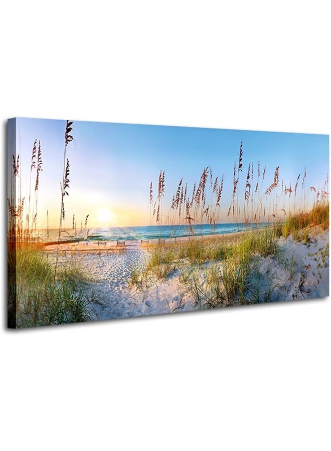Woxfcart Blue Beach Picture Decor Wall Art Ocean sea oats Landscape Scene for Office Living Room Decoration with Framed Canvas Size 20x40x1Pcs - Image 1