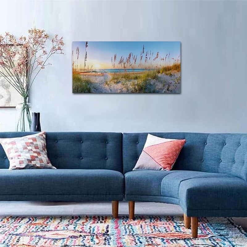 Woxfcart Blue Beach Picture Decor Wall Art Ocean sea oats Landscape Scene for Office Living Room Decoration with Framed Canvas Size 20x40x1Pcs - Image 3