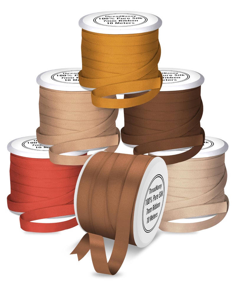 ThreadNanny New 7mm Size ThreadNanny 6 Spools of 100% Pure Silk Ribbons - Brown Tones - 60 MTS x 7mm - Image 1