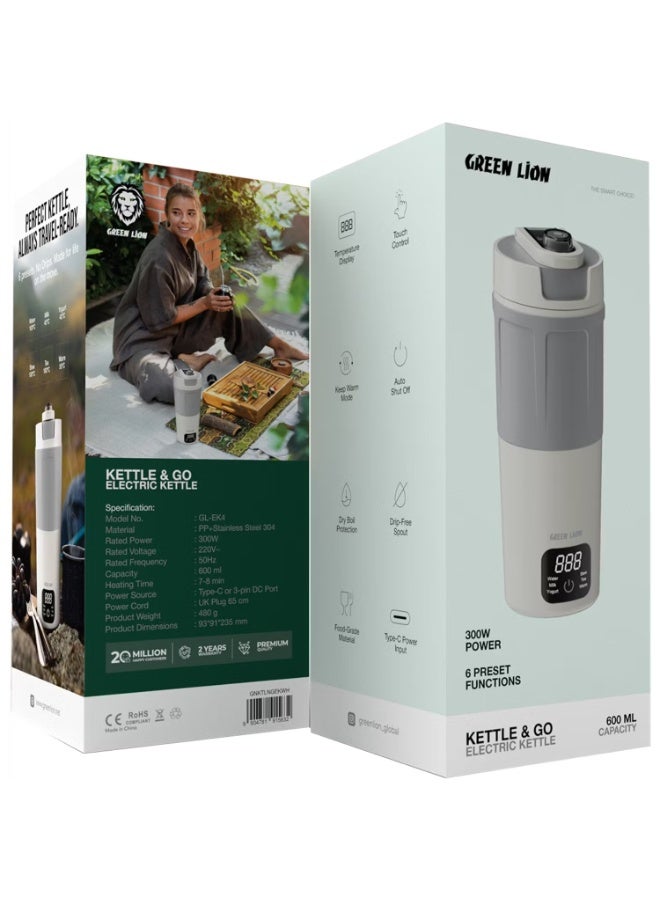 Green Lion Kettle & Go 600mL, Travel Electric Kettle with 300W Power, 6 Preset Functions, Type-C Power Input, Water Boiler, 7-8 Minutes Heating Time, PP & Stainless Steel 304 Material, Touch Control, Keep Warm Mode, For Tea, Coffee & Hot Water - White - Image 3