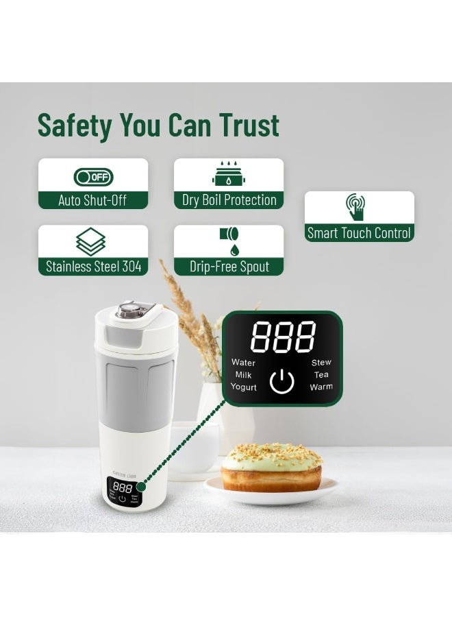 Green Lion Kettle & Go 600mL, Travel Electric Kettle with 300W Power, 6 Preset Functions, Type-C Power Input, Water Boiler, 7-8 Minutes Heating Time, PP & Stainless Steel 304 Material, Touch Control, Keep Warm Mode, For Tea, Coffee & Hot Water - White - Image 4