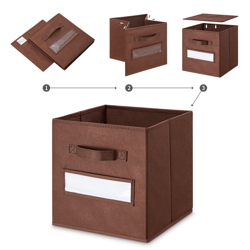 artsdi Set of 10 Storage Cubes Foldable Fabric Cube Storage Bins with 10 Labels Window Cards & a Pen Baskets Containers for Shelves  Closet Organizers Box for Home & Office Brown - Image 4
