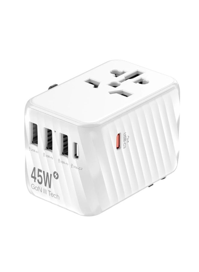 إيون شاحن سفر عالمي من إيون بقوة 45 واط بتقنية GaN III، محول عالمي بخمسة منافذ (USB-C وUSB-A)، شحن سريع بتقنية Power Delivery، متعدد المقابس (المملكة المتحدة، الاتحاد الأوروبي، الولايات المتحدة، أستراليا)، شاحن صغير الحجم للسفر - أسود/أبيض - Image 1