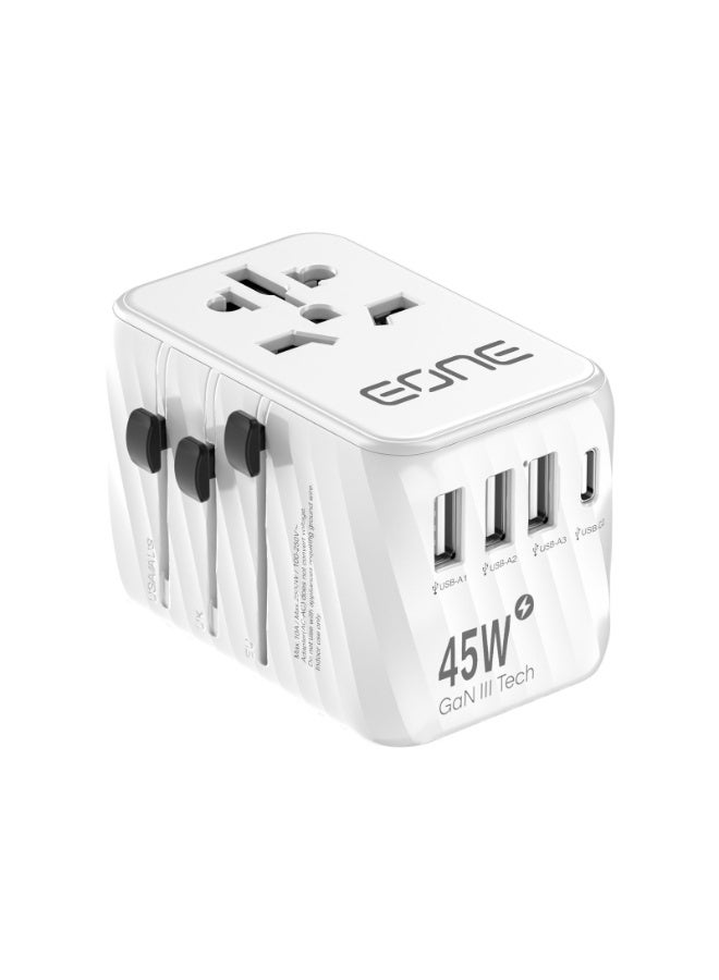 إيون شاحن سفر عالمي من إيون بقوة 45 واط بتقنية GaN III، محول عالمي بخمسة منافذ (USB-C وUSB-A)، شحن سريع بتقنية Power Delivery، متعدد المقابس (المملكة المتحدة، الاتحاد الأوروبي، الولايات المتحدة، أستراليا)، شاحن صغير الحجم للسفر - أسود/أبيض - Image 2