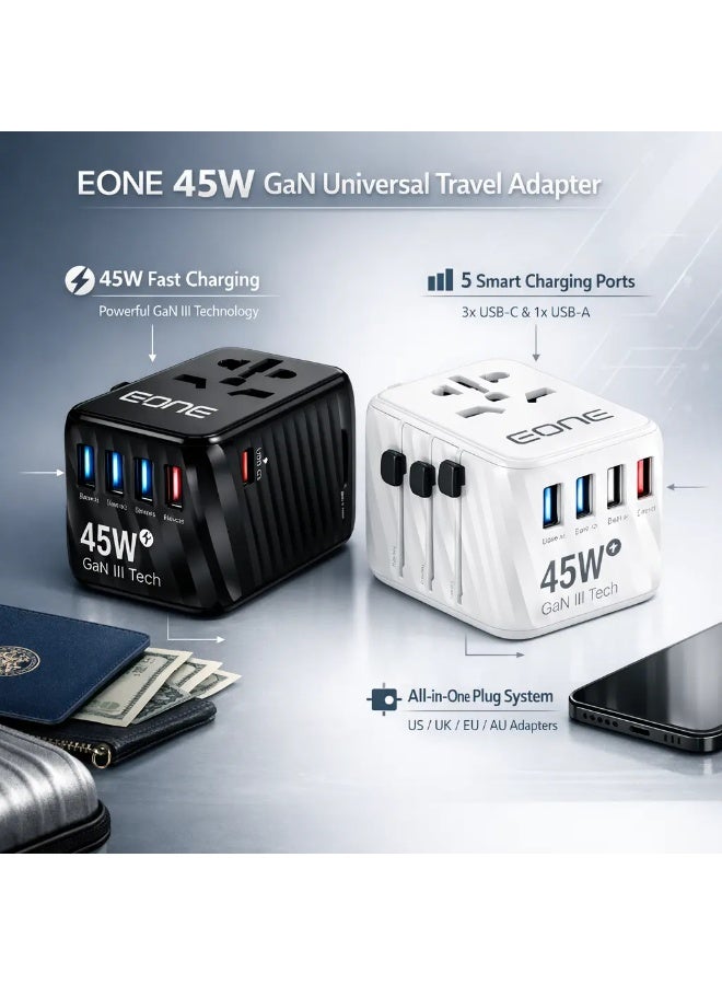 إيون شاحن سفر عالمي من إيون بقوة 45 واط بتقنية GaN III، محول عالمي بخمسة منافذ (USB-C وUSB-A)، شحن سريع بتقنية Power Delivery، متعدد المقابس (المملكة المتحدة، الاتحاد الأوروبي، الولايات المتحدة، أستراليا)، شاحن صغير الحجم للسفر - أسود/أبيض - Image 4