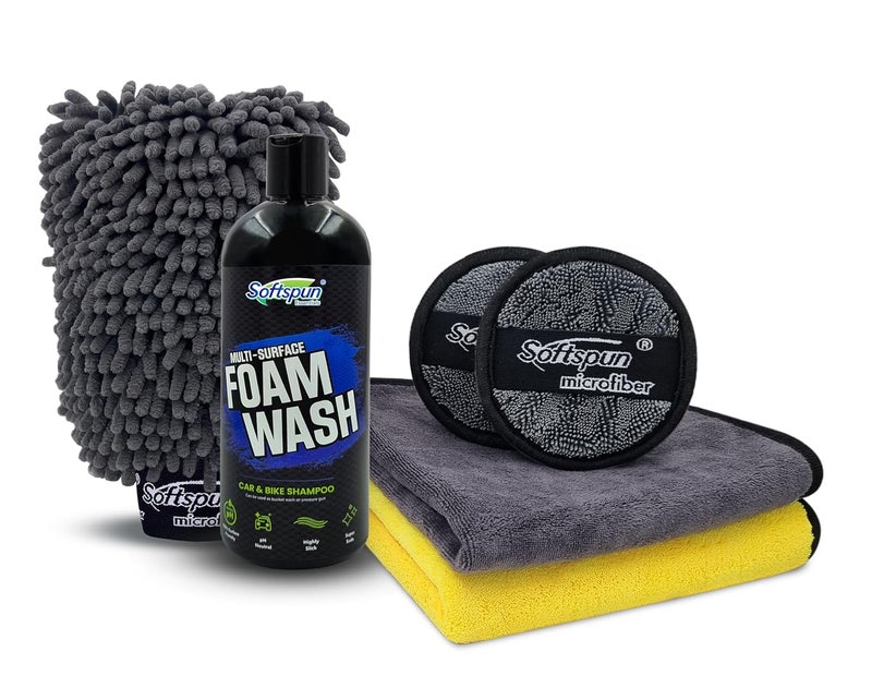 SOFTSPUN Microfiber 1pcs Grey 340gsm 40x40cm & 1700gsm 1 Glovs + 500ml Car & Bike Premium Liquid Shampoo Combo | Extra Suds, Removes Tough Dirt & Grime | pH Neutral | Works with Bucket & Foam Cannon - Image 1