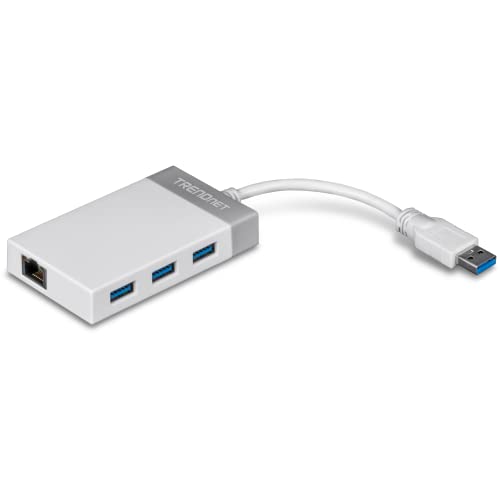 TRENDnet 3-Port USB 3.0 Hub, TU3-ETGH3, Compact USB to Ethernet Adapter, 3 x USB 3.0 Ports, 1 x RJ-45 Gigabit Ethernet Port, Supports XP, Vista, Windows, Mac OS 10.6-10.9, Nintendo Switch, White - Image 1