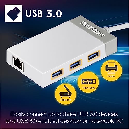 TRENDnet 3-Port USB 3.0 Hub, TU3-ETGH3, Compact USB to Ethernet Adapter, 3 x USB 3.0 Ports, 1 x RJ-45 Gigabit Ethernet Port, Supports XP, Vista, Windows, Mac OS 10.6-10.9, Nintendo Switch, White - Image 4