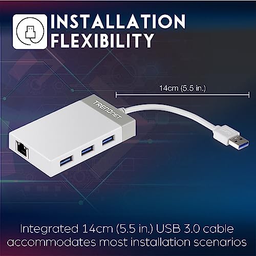 TRENDnet 3-Port USB 3.0 Hub, TU3-ETGH3, Compact USB to Ethernet Adapter, 3 x USB 3.0 Ports, 1 x RJ-45 Gigabit Ethernet Port, Supports XP, Vista, Windows, Mac OS 10.6-10.9, Nintendo Switch, White - Image 2