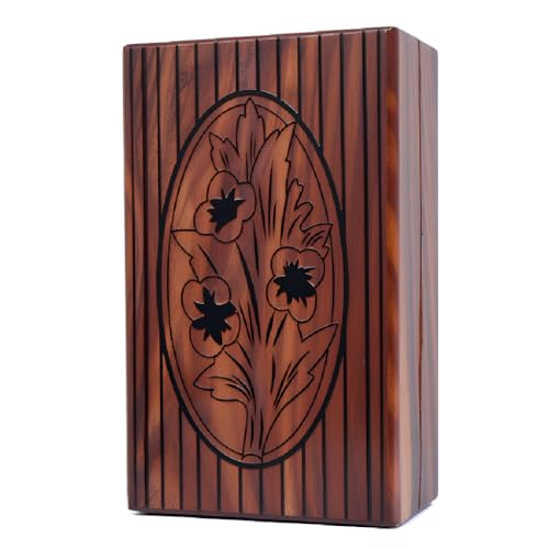RGrandsons Handmade Wooden Keepsake Storage Box Jewelry Trinket Holder Organizer Floral Hand Carvings with Brass Inlay (Size: 6.0x4.0) - Image 1