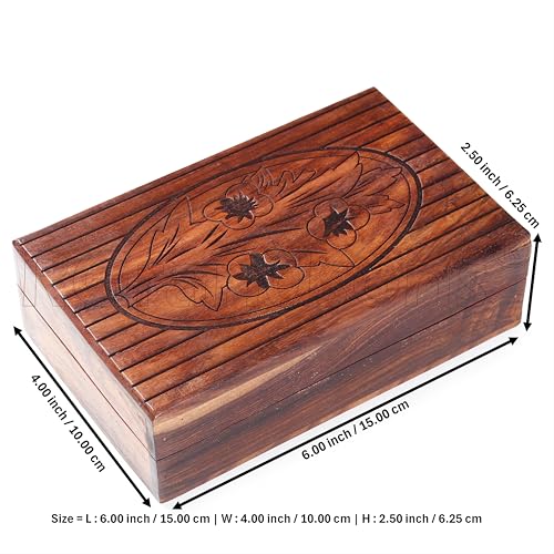 RGrandsons Handmade Wooden Keepsake Storage Box Jewelry Trinket Holder Organizer Floral Hand Carvings with Brass Inlay (Size: 6.0x4.0) - Image 2