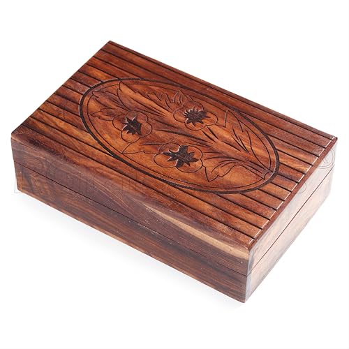 RGrandsons Handmade Wooden Keepsake Storage Box Jewelry Trinket Holder Organizer Floral Hand Carvings with Brass Inlay (Size: 6.0x4.0) - Image 4