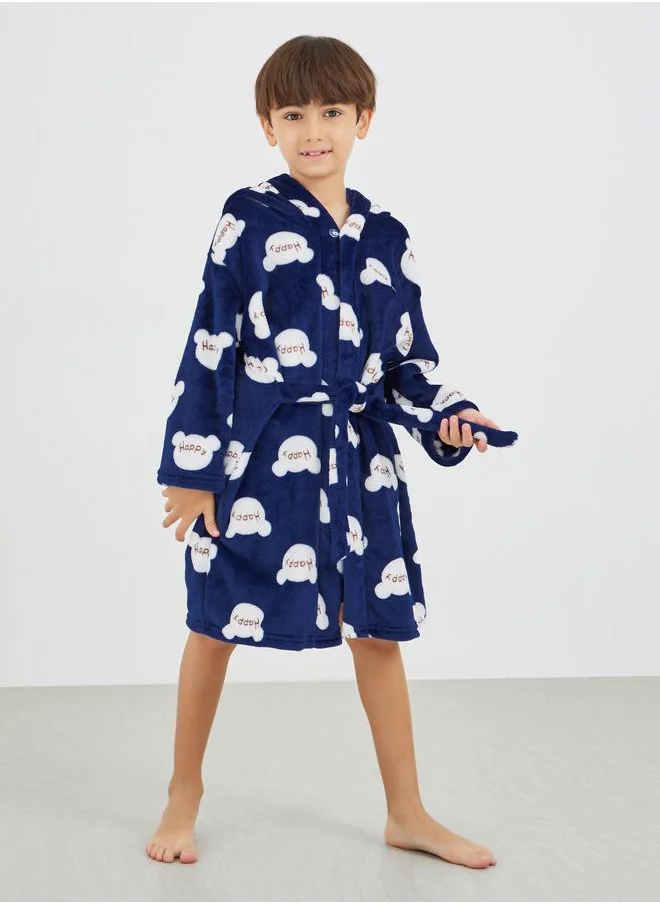 ستايلي Styli Printed Hooded Tie-Up Bath Robe